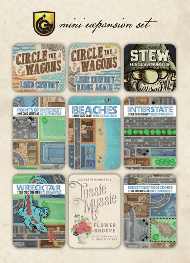 Mini expansion set for Sprawlopolis, Circle the Wagons, Stew and Tussie Mussie